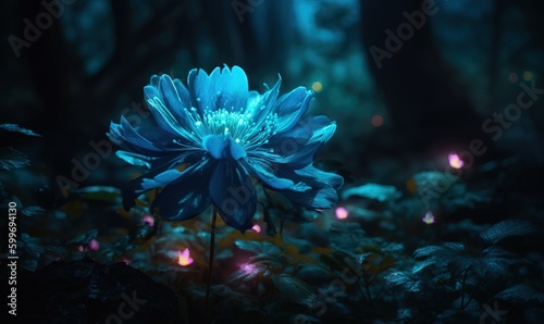 a blue flower in the middle of a forest with lots of leaves. generative ai
