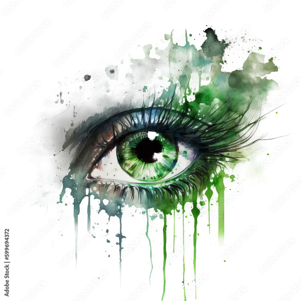 Watercolor green eye. Illustration AI Generative.