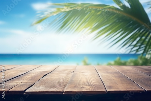  Empty wooden table with out-of-focus beach background, IA generativa