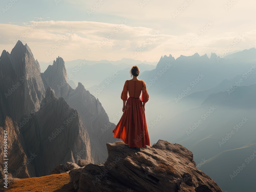 Fototapeta premium person in beautiful dress on top of breathtaking mountain, generative ai