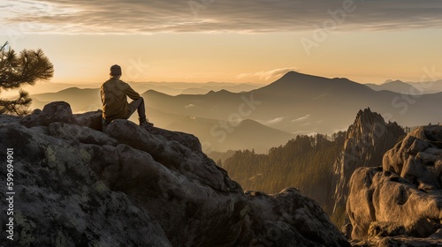 solo traveler enjoying a moment of solitude atop a mountain lookout, generative ai