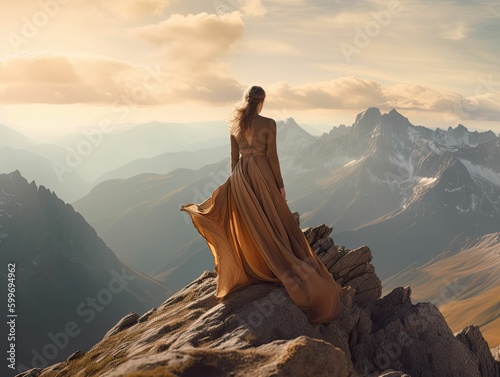woman in a beautiful dress standing atop the peak of a breathtaking mountain, generative ai
