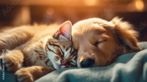 Cute sleeping cat and dog. Illustration AI Generative