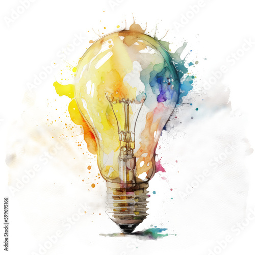 Watercolor light bulb. Illustration AI Generative.