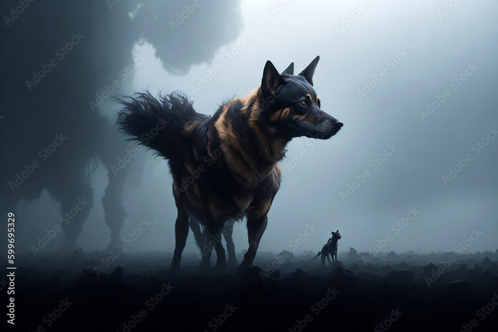 Naklejka premium Strange mysterious dog in the fog