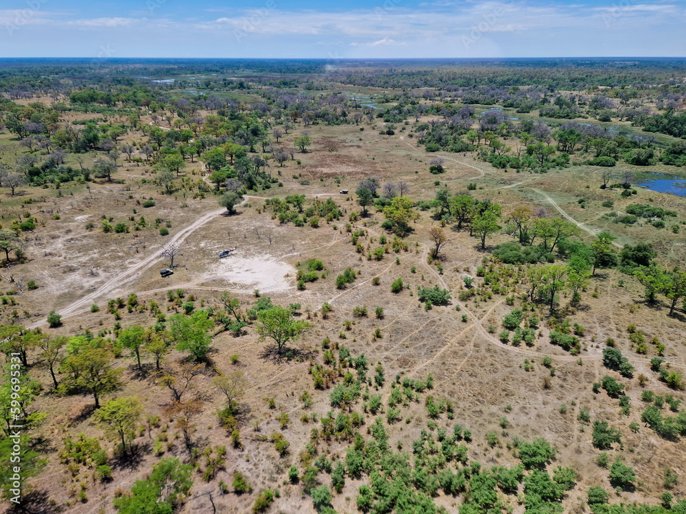 Rundflug mit einem Hubschrauber über die Savanne von Botswana / Afrika von oben