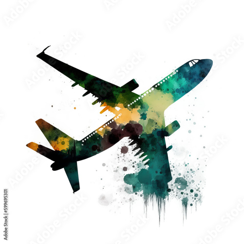 Watercolor airplane. Illustration AI Generative.