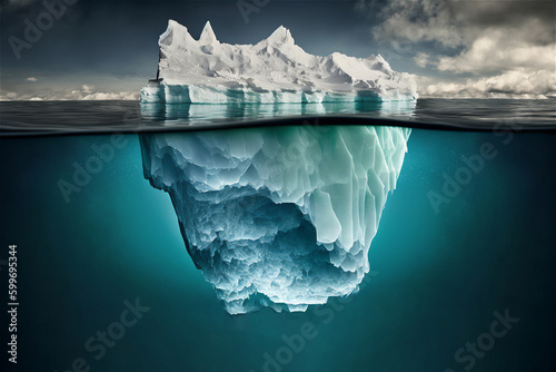 iceberg above water and partly hidden underwater, created with Generative AI