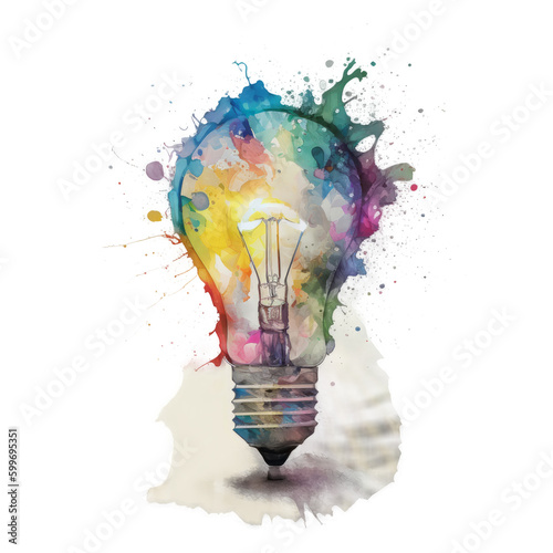 Watercolor light bulb. Illustration AI Generative.