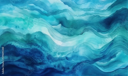  a painting of blue and green waves on a white background. generative ai