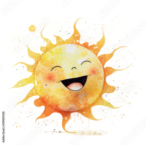 Cute watercolor sun. Illustration AI Generative.