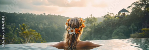 Woman with flowers in hair relaxing in infinity pool with a view to the jungle at luxury villa, generative ai