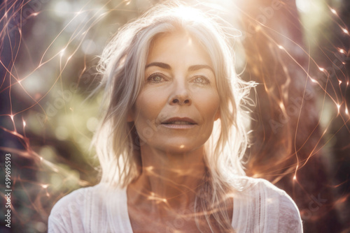 Portrait of spiritual mature senior woman with spiritual energy. Generative AI. photo