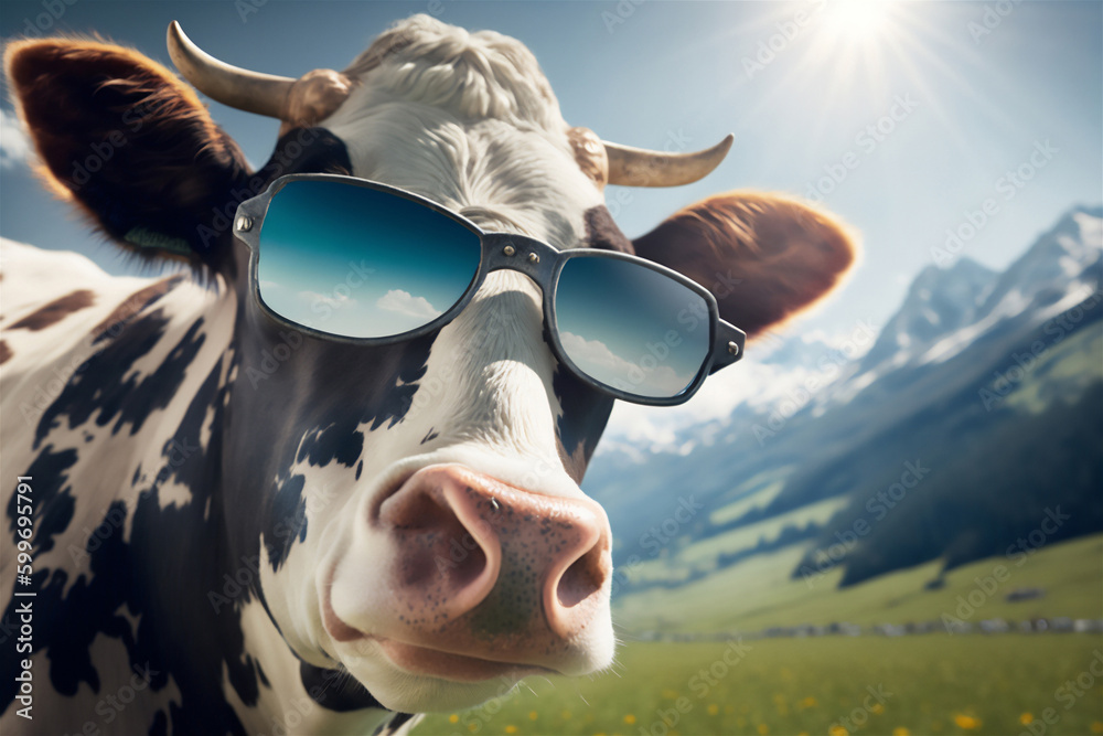 happy cow wearing sunglasses in Alps, created with Generative AI