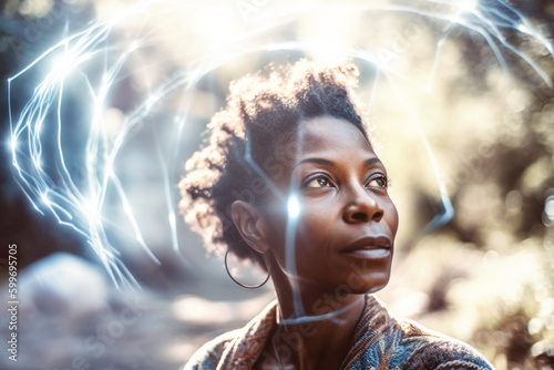 Portrait of spiritual black woman with healing aura light around her. Generative AI. photo