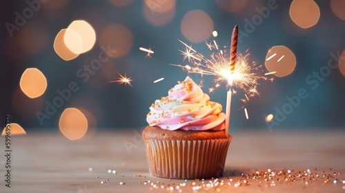 Birthday cupcake with sparkler. Illustration AI Generative