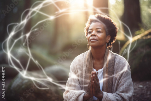 Portrait of spiritual praying black woman with healing light energy all around her. Generative AI.