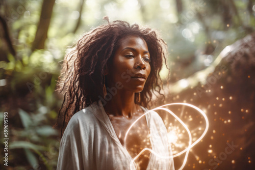 Portrait of spiritual black woman with aura and healing energy around her. Generative AI. photo