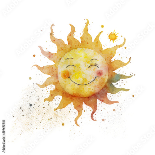 Cute watercolor sun. Illustration AI Generative.