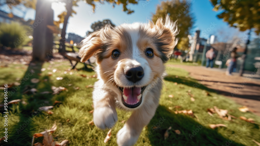 Cute dog plays in park. Illustration AI Generative.