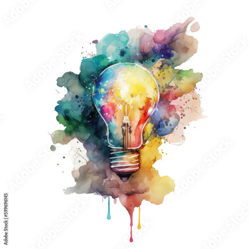 Watercolor light bulb. Illustration AI Generative.