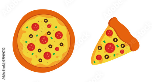 Set, collection of vector pizza slices and whole pizza isolated on white background