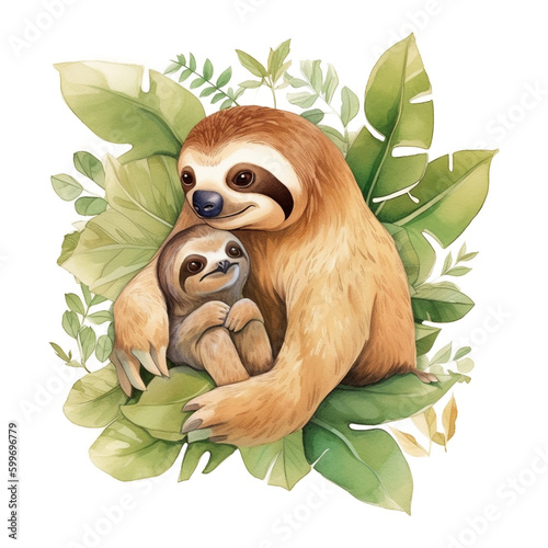 Sloth Mom and Baby Watercolor png art for Sublimation  Generative AI