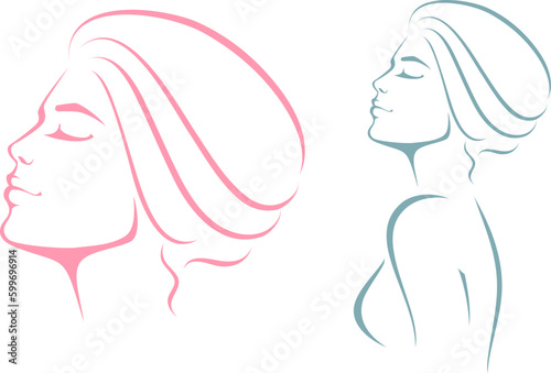 Fashion illustration of a beautiful young woman with closed eyes, from profile view. Suitable for hair care or wellness products, beauty salon or spa.