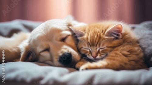 Cute sleeping cat and dog. Illustration AI Generative