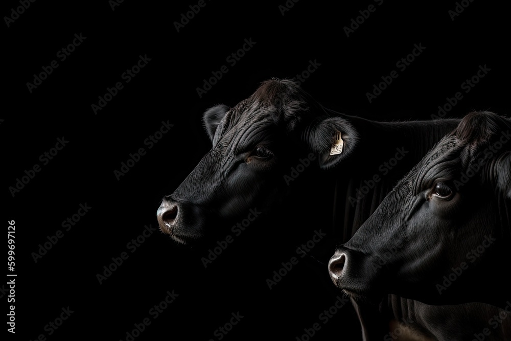 two black cows grazing in a green field Generative AI two black cows grazing in a green field Generative AI