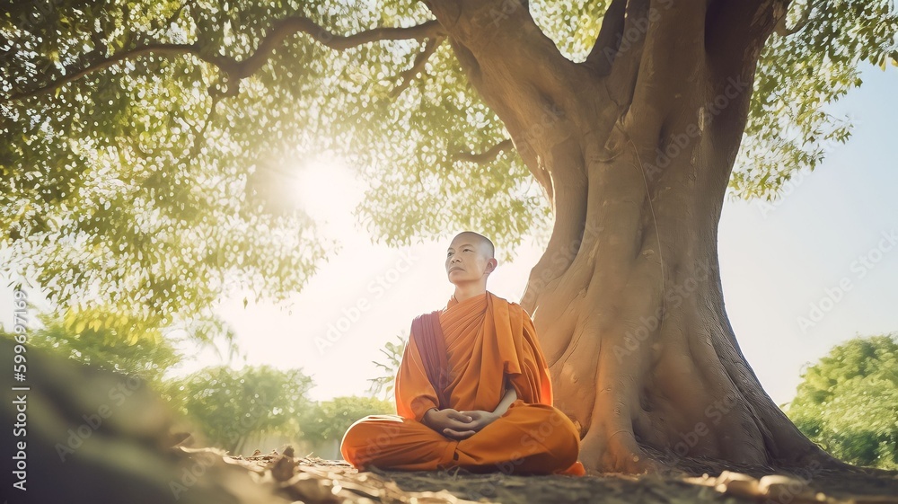 Fototapeta premium Portrait Buddhist monks praying and meditating, Generative AI