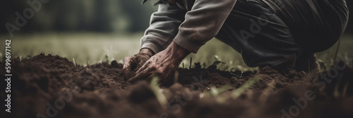 A person digging dirt in a field with their hands on the ground, generative ai