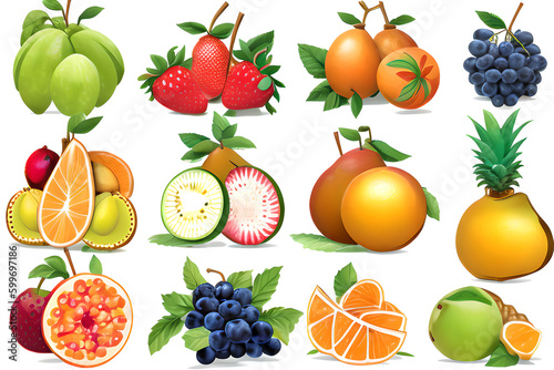 A set of exotic fruits and berries ( blue grapes, orange, strawberry, apple ) with green leaves isolated on a white background. Generative AI.