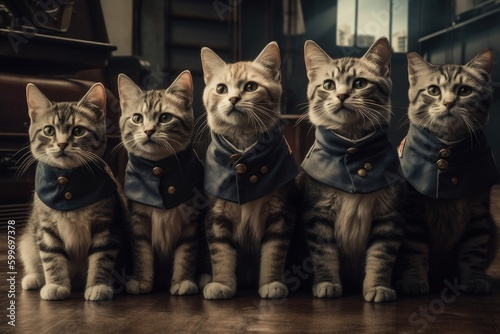 A Line of Feline Soldiers in Uniform Standing at Attention, Cat Army Generative AI