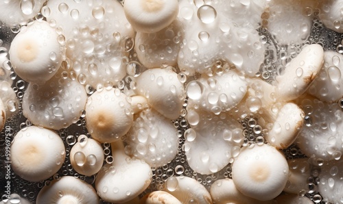  a close up of mushrooms in a pan with water droplets. generative ai