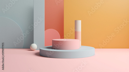 Abstract Pastel Step Up Podium with Gradient Dimensional Backdrop  Fun Geometric Shapes in Boho Aesthetic  Product Mock Up and Display for Cosmetic  Beauty  and Tech Products- Generative AI