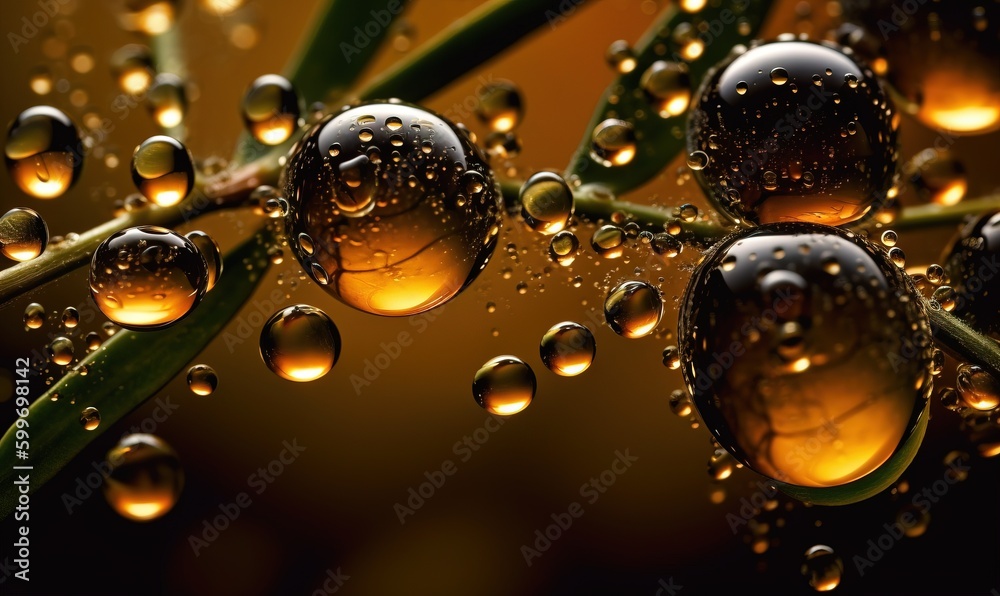  a close up of water droplets on a plant stem with a yellow background.  generative ai