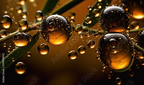  a close up of water droplets on a plant stem with a yellow background. generative ai