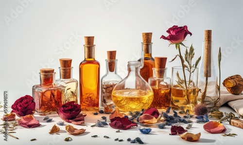 a table topped with lots of bottles filled with liquid and flowers. generative ai