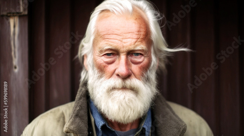  Aged 72, a Swedish man with gray hair and beard stands, tired and dirty, against a weathered wooden wall. Overcast light reveals wrinkles, mirroring life's wear. Generative AI