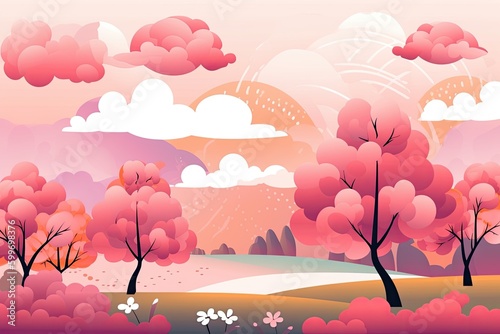 serene landscape with lush trees and fluffy clouds Generative AI