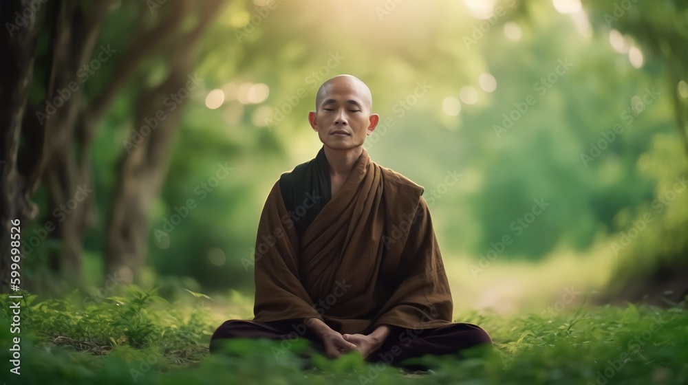 Fototapeta premium Portrait Buddhist monks praying and meditating, Generative AI