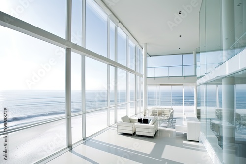 Bright and Airy Living Room with White Furniture and Large Window Generative AI © AkuAku