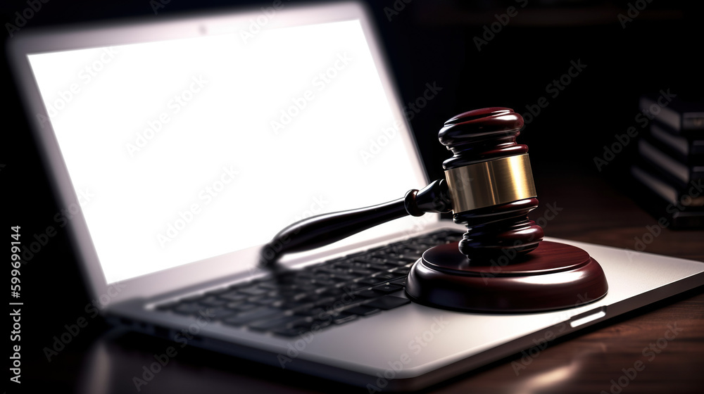 Judge's gavel and laptop with cut out screen on dark background of judge's or lawyer's office. Copy space. Based on Generative AI Judge's gavel and laptop with cut out screen on dark background of judge's or lawyer's office. Copy space. Based on Generative AI
