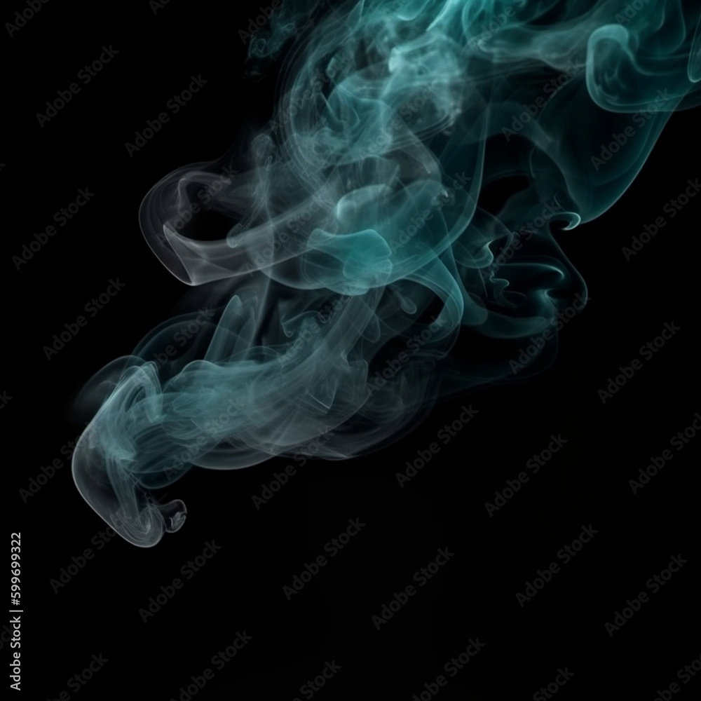 Fototapeta premium ColoSmoke veil. Night haze. Turquoise glitter dust particles mist floating on dark black abstract art background. Generative AI