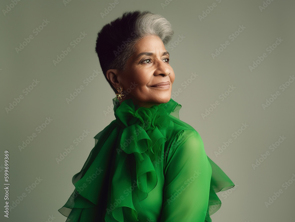 Beautiful happy senior mixed-race woman wearing green blouse. AI generated image.