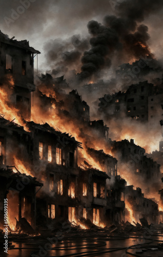 The destroyed city houses on fire during the war. Generative AI.