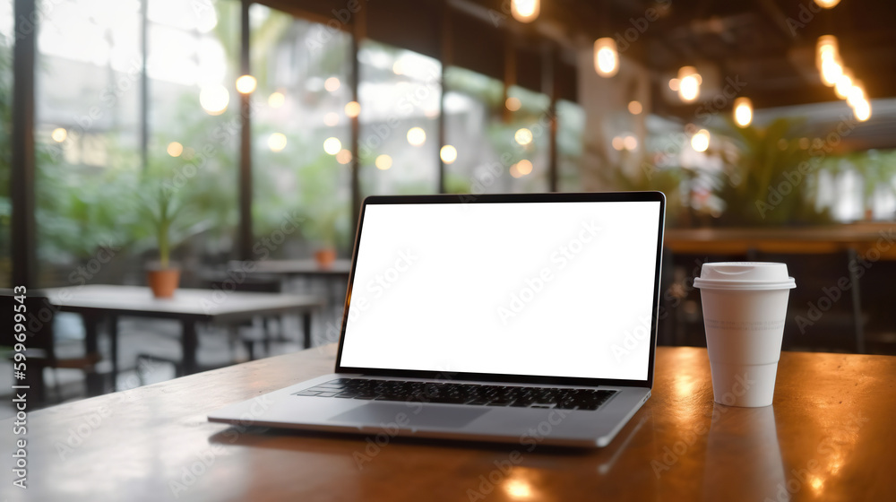 Laptop computer mock-up with cut out screen in cafe. Copy space. Based on Generative AI