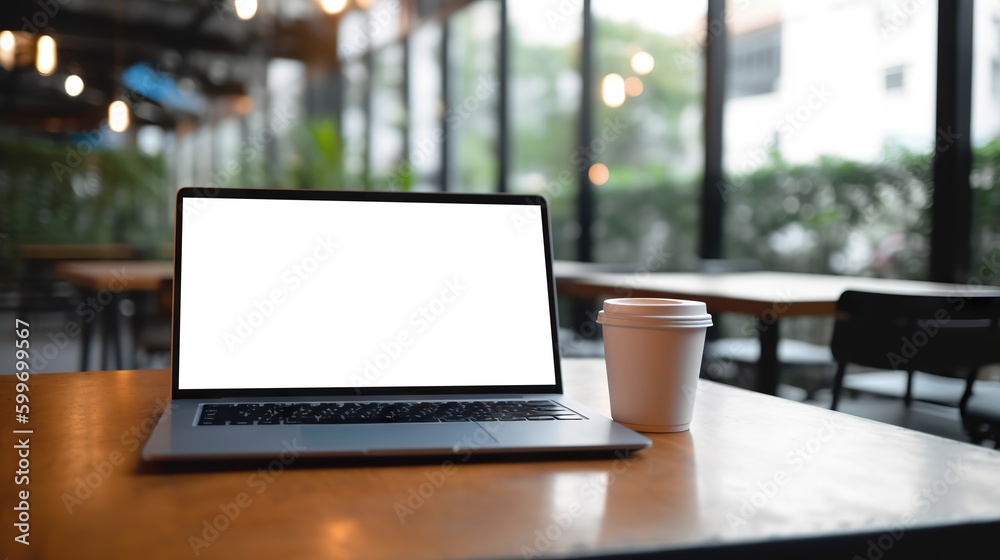 Laptop computer mock-up with cut out screen in cafe. Copy space. Based on Generative AI Laptop computer mock-up with cut out screen in cafe. Copy space. Based on Generative AI
