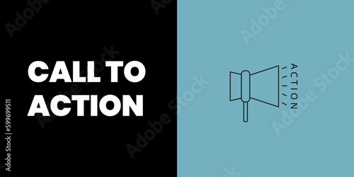 Call to Action Banner on Black and Blue Background. Stylish CTA Banner with White Text and Black Loudspeaker Icon for Business and Marketing